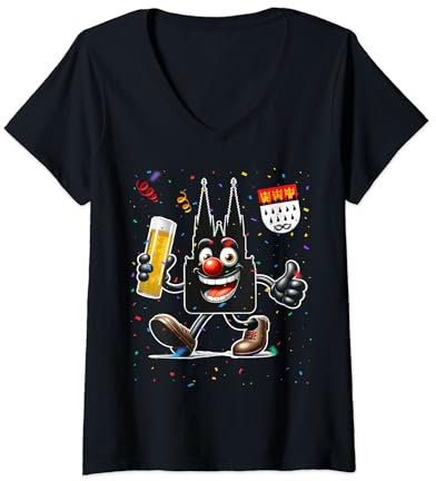 Damen Kölner Dom Kölsch Kölle Alaaf Konfetti Karneval Fashingumzug T-Shirt mit V-Ausschnitt