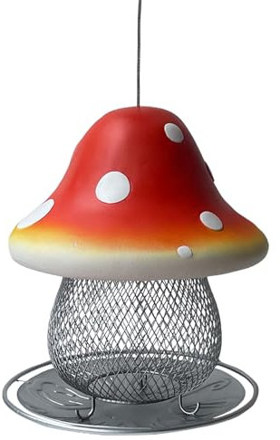 Vogelfutterspender für den Außenbereich, 1,6 kg Kapazität, Metall, Balkon, Kolibri, Vogel-Futterstation, Eichhörnchen-Futterstation, Outdoor-Dekoration, Harz-Pilz-Figur mit automatischem Farbwechsel
