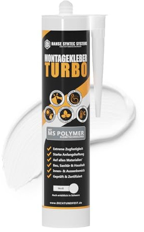HSS Turbo Colle de montage en polymère MS 290 ml – Colle de construction et universelle extra forte pour l'intérieur et l'extérieur, résistante aux UV et aux intempéries, sans silicone – Blanc