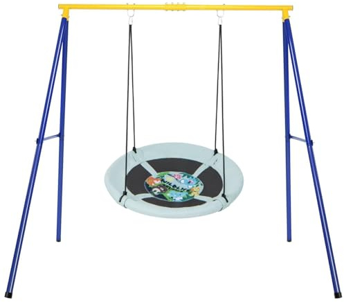 Maxmass Heavy Duty Swing Frame, Kids Swing Set with Saucer Swing, Indoor Outdoor Single Swing A Frame for Backyard Garden Park Playground (Yellow Swing Frame and Forest Swing)