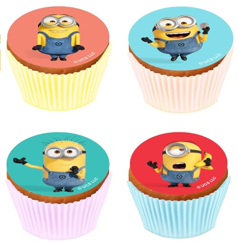 Kardasis Minions Cupcake Topper Muffin, dekoration, ätbar tårtdekoration för tårtor och cupcake, minions födelsedagsdekoration, 5,3 cm + 12 stycken