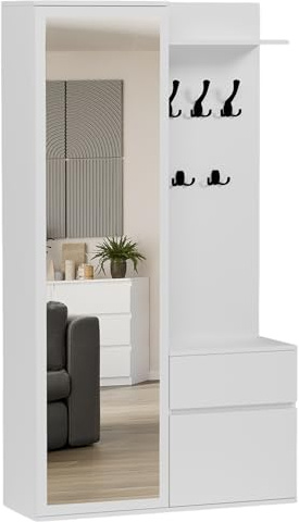 Framire Flurgarderoben-Set Weiß 100 cm – 3-teilig: Schrank mit Spiegel + Garderobenpaneel mit Ablage + Schuhschrank mit Schublade, modulare Garderobe für Flur & Eingangsbereich, Modern V-5