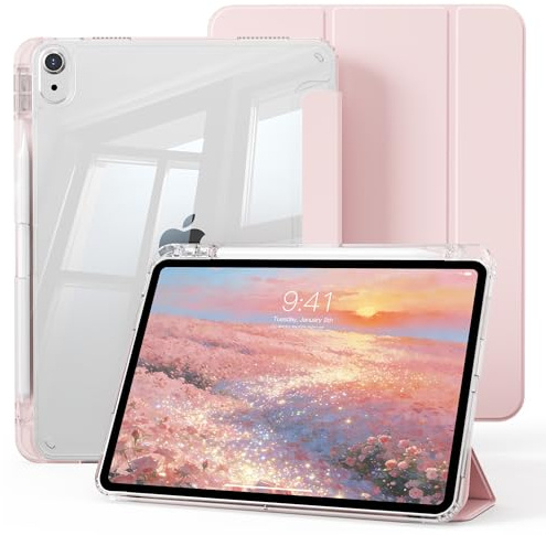 KVTVOU Étui pour iPad Air 11 Pouces M4/M3/M2 2026/2025/2024, iPad Air 10,9 5ème/4ème génération 2022/2020, Arrière Transparent en PC, Étui de Protection Antichoc, Veille/Réveil Auto, Rose