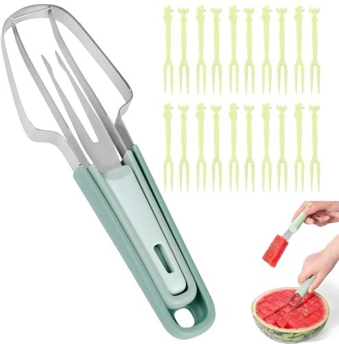 JCUGSBS Cortador de sandía 3 en 1,cortador de frutas de acero inoxidable mejorado 2024, herramienta de corte de sandía,tenedores de frutas,cuchillo rebanador,Con 20 horquillas