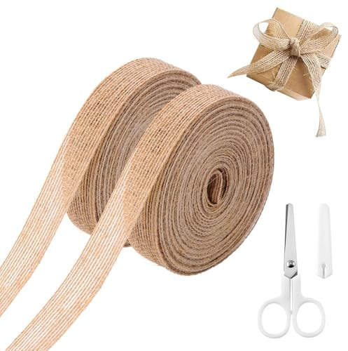PacuM 2 Rollen 15 Meter Burlap Band Vintage Sackleinen Geschenkband mit Schere Natür Juteband Rolle DIY Deko Juteband Sackleinen für Möbel Geschenkverpackungen Gastgeschenk Kunsthandwerk