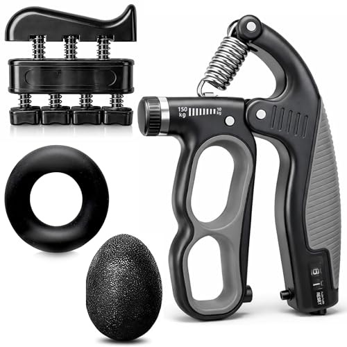 Hand Grip Strengthener Kit 4 Pack – Adjustable Resistance Hand Gripper, Forearm Strengthener, Finger Stretcher Exerciser, Grip Ring, Stress Relief Ball, Grip Trainer for Gym, Climbing, Tennis, Rehab