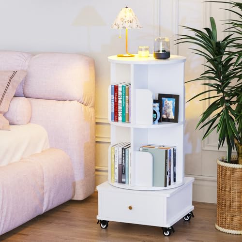 Lvhcmfohm Drehbares Bücherregal mit Rollen, Drehregal Buchregal Bücherschrank mit Schubladen, Bookcase 360° frei Drehbar mit 2 Ebenen (Weiß, 40x40x88.5cm)