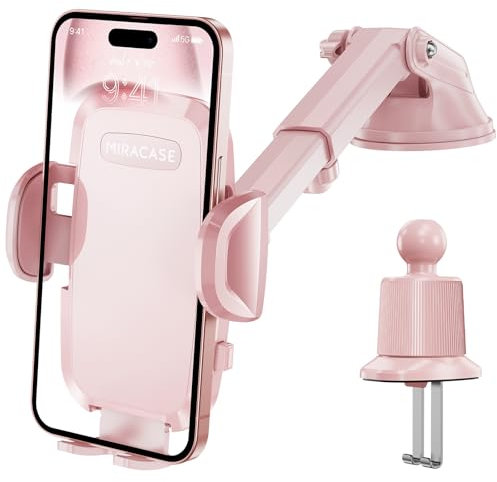 Miracase Handyhalterung Auto[Verbesserter Saugnapf&Metall-Doppelhaken] Handyhalter Auto Lüftung Armaturenbrett Windschutzscheibe, KFZ Handy Halterung für iPhone Samsung Galaxy Alle Smartphones Rosa
