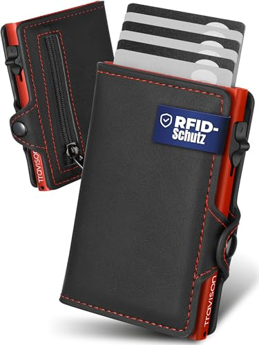 Travison® SMART Wallet mit Münzfach und Geldscheinfach - Kartenetui mit Münzfach und Schnellzugriff - RFID-Schutz - Herren Geldbörse klein - Kreditkartenetui - Geldbörse mini (Schwarz - Rot)