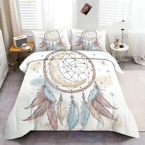Bettwäsche Set Eleganter Traumfänger Bettbezug Bedruckt, 200 × 200 cm Bedruckte Bettwäsche Set Einfache Pflege 3-Teiliges mit Reißverschluss 1 Bunt Bettbezug und 2 Kissenbezug