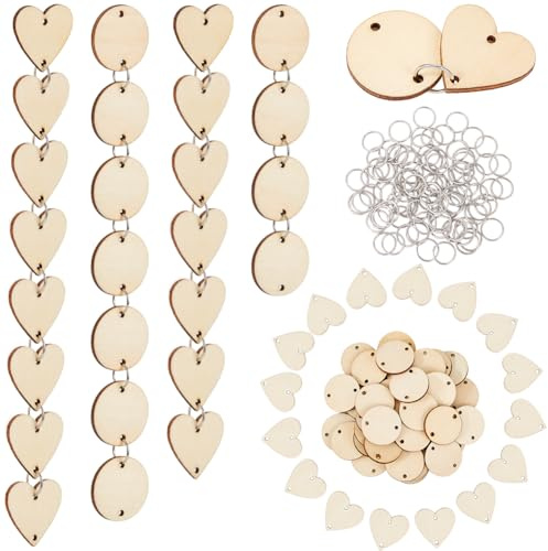 SOFPLATE 100 plaque D'Anniversaire Familiale Étiquettes en Bois en Forme de Cœur avec Trous Cercles en Bois et 100 anneaux de Jonction en Bois Brut pour Bricolage Panneau Familial Calendrier D'Anniver