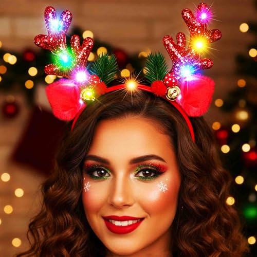 Fashband Weihnachtsstirnbänder, leuchtendes Hirschgeweih-Stirnband, LED-Glitzer-Rentiergeweih, Weihnachtskopfschmuck, festliche Haaraccessoires für Frauen(Rot)