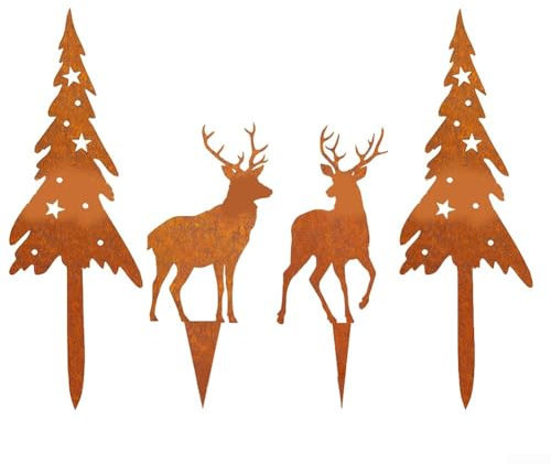 Honseadek 4-teiliges Rost-Deko-Set für Weihnachtsbäume und Hirsche, Garten, Eisen, Rostikal, Rostkunst-Set