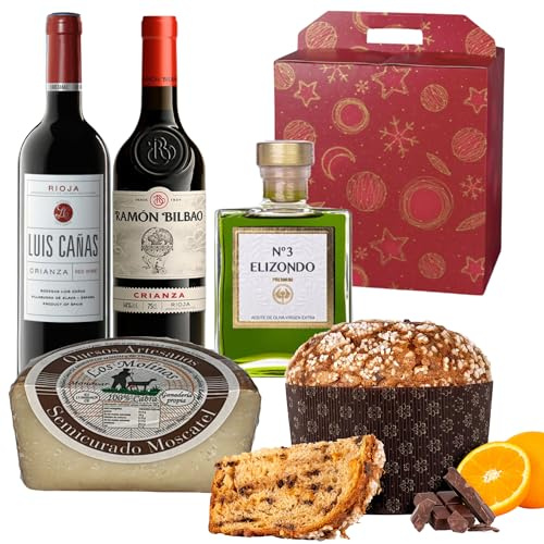 ENOVINOS Cesta Gourmet Regalo Navidad Empresas, Familia y Amigos - Caja con Vino Ramon Bilbao, Luis Cañas, Aceite Elizondo 200ml, Queso Molinos y Panettone Antonella Chocolate y Naranja
