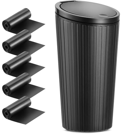 Mini Car Trash Can with Lid - Waterproof, Leakproof Plastic Storage Bin | 5 Rolls of Bags for Front Seat, Small Portable Clean Container for Home and Office (Black)