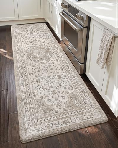 COLOR&GEOMETRY 10mm dick Vintage Küchenläufer rutschfest, 60x150cm, Beige | Boho Küchenmatte aus Leder, Wasserfeste & ölbeständige Stehmatte, Küchenteppich Anti-Ermüdungs für Küche