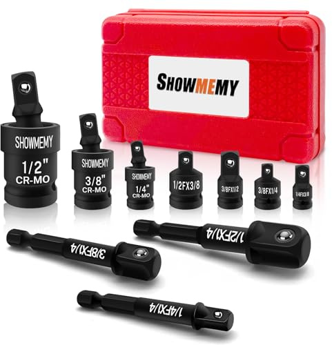 SHOWMEMY Drehgelenk-Steckschlüssel-Set, 10-teiliges Schlag-Steckschlüssel-Set mit 3 x Schlag-Steckschlüssel-Adapter und 4 x Reduzierstück-Set (1/2 Zoll auf 3/8 Zoll), Cr-Mo-Stahl, 1/4 Zoll, 3/8 Zoll