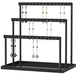 3-stöckiger Ohrring-Organizer-Halter, Metall-Schmuckständer mit Tablett für Ohrring-Display, 42 Löcher, Metall-Ohrring-Aufbewahrung, Turm für Frauen und Mädchen, Heimgebrauch (schwarz)