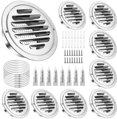 8-Pack Stainless Steel Air Soffit Vents, 4 Round Louvered Grille Covers With Screen Mesh, Flat Ducting Ventilation Hoods For Home & Office