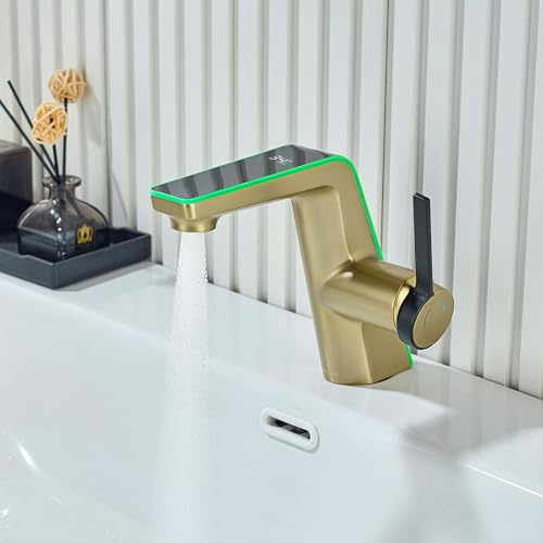 Waschtischarmatur Wasserhahn Bad Gold mit LED-Temperaturanzeige Badarmatur | Messing Einhebelmischer Badarmatur Waschbecken LakeBayMZC Mischbatterie Armatur für Badezimmer mit Auslauf, Höhe 130mm