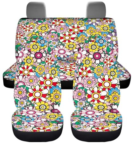 ZIATUBLES Juego completo de fundas de asiento de vehículo con estampado de flores hippie, protector de asiento de respaldo alto, elástico, antideslizante, accesorios automotrices, decoración interior