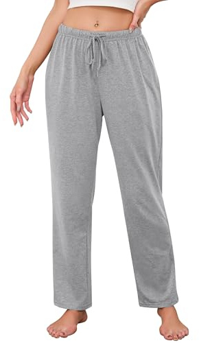 Vlazom Pantaloni del Pigiama Donna Cotone Invernali Pantaloni da Notte Morbido con Tasche e Vita Regolabile，Grigio Chiaro，L