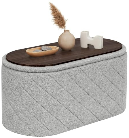 PINPLUS Klappbare Sitzbank mit Stauraum, Bettbank, 76x38x38 cm, Grau | Ovale Form, weicher Boucle-Stoff, faltbare Sitztruhe, Fußbank, Aufbewahrungsbank, für Wohnzimmer, Schlafzimmer, Flur