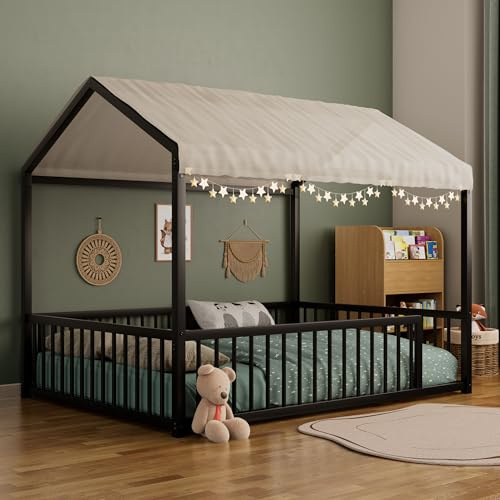 SOFTSEA Full Size Metal Floor Bed, Montessori Style House Bed Frame with Fence & Roof for Kids Teens, No Slats, No Curtains, Easy Assembly, Black