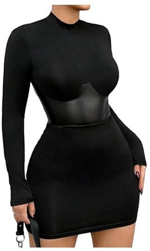 Milumia Women's Mock Neck Corset Mini Dress Y2K Cinched Waist Long Sleeve Bodycon Party Club Going Out Dresses Black Medium