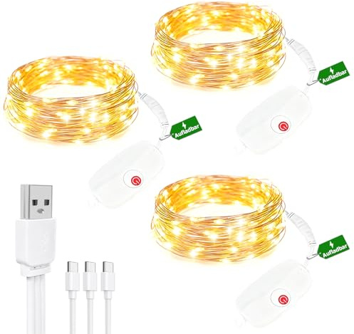 Bzavor 3 Stück Aufladbar Lichterkette Innen Batterie mit Timer 8 Modi,2M 20 LED Kupferdraht Mini Lichterkette klein mit Batterie Wasserdicht für Außen Weihnachten Party Hochzeit Beleuchtung Deko