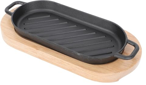 MOLUCKFU Plaque de Grillade Fonte Rectangulaire avec Support Bois Poêle Antiadhésive pour Steak Poisson et Teppanyaki Chauffe Uniforme et Conservation Chaleur Set