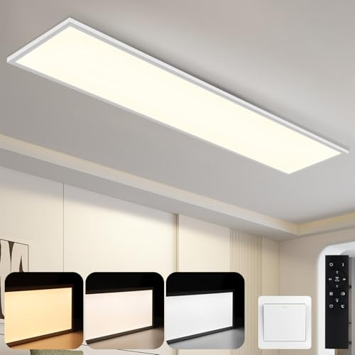 Laittiin LED Panel 120x30 Deckenlampe Lang Rechteckig Deckenleuchte | Flach 48W Deckenpanel Dimmbar mit Fernbedienung Weiß Küchenlampe Tageslichtlampe für Büro Küche Flur Wohnzimmer Schlafzimmer