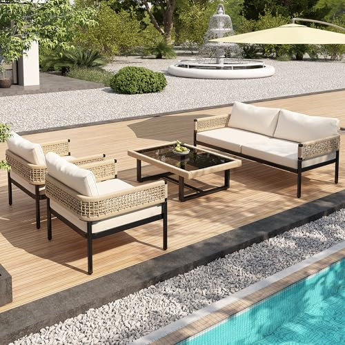 ZKLOEP Gartenmöbel-Set aus Seil 4er-Set,mit verzinktem Eisenrahmen, beiges Seil, verstellbare Füße, Glatte Glastischplatte, inklusive Aller Sitz- und Rückenkissen