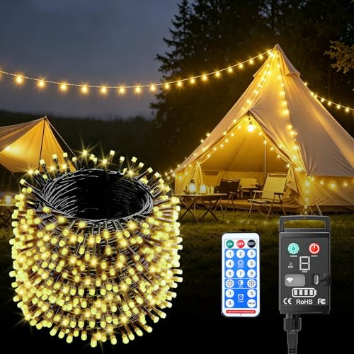 Kinamy Luci Albero di Natale, 20M 200 LED Catena Luminosa Esterno Batteria Ricaricabili, 8 Modalità con Funzione Memoria e Telecomando, Impermeabile Luci Natale Esterno per Adatto a Giardino, Feste