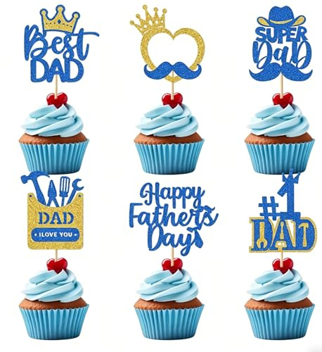 24pcs Fathers Day Decorations Happy Father's Day Cake Toppers Set Dad Blue Gold Glitter Cupcake Picks Cake Dessert Insert for Father's Day Theme Cupcake Decoration Dad Party Supplies