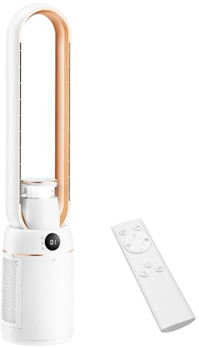 ROVSUN Ventilatore a Torre Silenzioso 25dB Senza Pale con Umidificazione Atomizzata, Purificazione Ioni Negativi e Funzione Luce UV, 32 Velocità, 4 Modalità, Oscillazione 80°, Timer 15 Ore