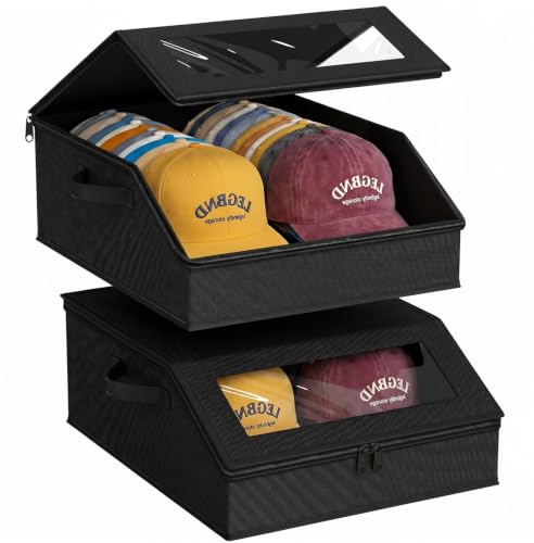 Hutschachtel für Baseball Caps, stapelbare Cap Aufbewahrung, 48 Kappen | 2er-Set für 48 Kappen, Familiennutzung, Sammler, staubdicht, formstabil, Tragegriffe, zusammenklappbar
