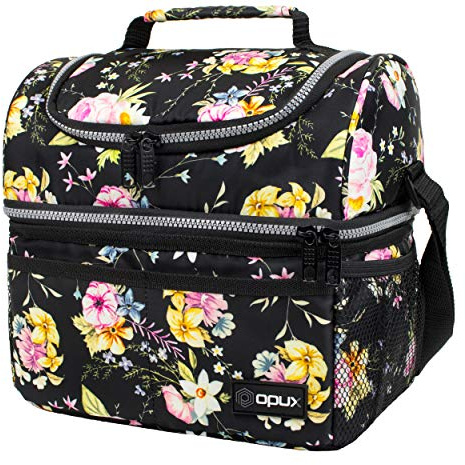 OPUX Lunch Box For Women, Insulated Large Lunch Bag Adult Work, Double Decker Lunchbox Meal Prep, Dual Compartment Leakproof Lunch Cooler, Soft Lunch Pail Tote for Girls Kids School, Floral Black 12L