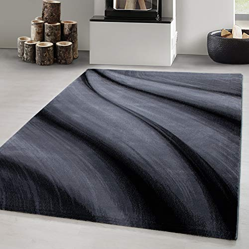 Carpetsale24 Kurzflor Teppich 160x230 cm, Modern Abstrakt Wellen Design in Schwarz Grau, Pflegeleicht, ideal für Wohnzimmer, Esszimmer oder Schlafzimmer