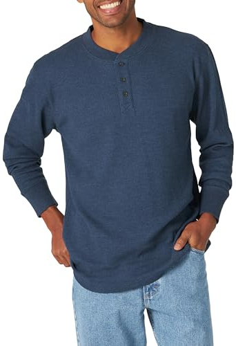 Wrangler Authentics Long Sleeve Waffle Henley Camisa, Vestido Azul Jaspeado, XL para Hombre