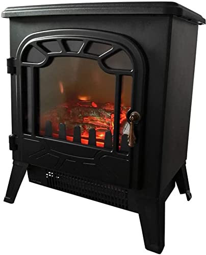 HomeZone Electric Fire - Decorative Portable Furniture Heater, Vintage Style Flame Effect Electric Free Standing Wood Burner Insert Fireplace for Home and Living Room Heating (Black, 1850W)