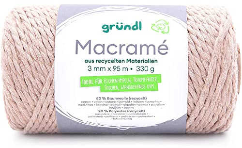 Gründl Wolle - Makramee Garn - Macrame Baumwollgarn - 70% recycelte Baumwolle, 25% Polyester, 5% restliche Fasern - 330 g, 95 m - Beige