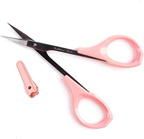 Rosa hochpräzise Detailschere, Näh-/Stickschere, gebogene scharfe Klinge, für Augenbrauen, Wimpern, Verlängerungen, Edelstahl, mit Abdeckung, professionelle Trimmer, geschärfte Barttrimmung (1 Stück)