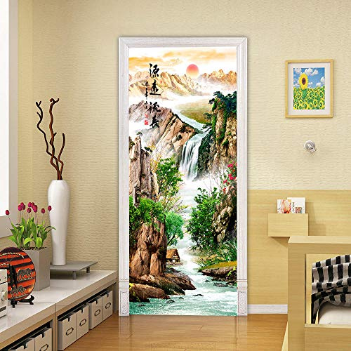 LuSeven stickers paroi de douche Style chinois paysage cascade 90x215cm(35.43 inches * 84.64 inches) Papier Peint Porte Trompe l'oeil pour Salon Chambre Décoration De La Maison Stickers Muraux Impermé