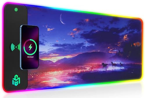 RGB Gaming Mauspad 15W Qi Mousepad LED, 10 Beleuchtungsmodi mit 15W Schnellladung Qi Kabelloses Laden für I-Phone Handy, Kopfhörer, Wasserdicht, rutschfest für Gaming, Schreibtische, PC und Büro