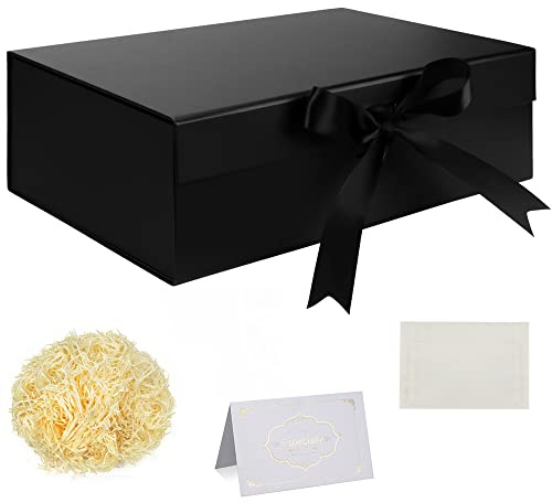 Schwarz Geschenkbox mit Schleife 32x22x10cm Große Geschenkbox mit Magnetdeckeln zerrissenes Seidenpapier Grußkarten für Weihnachten Geburtstag Hochzeitstag