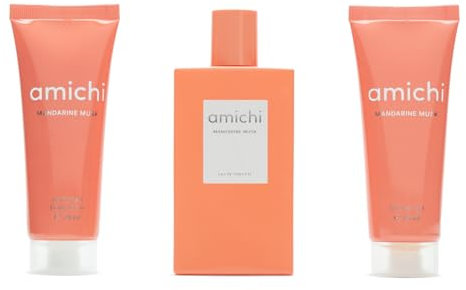 AMICHI - Mandarine Musk, Estuche de Regalo Mujer, Colonia 75 ml + Gel de Baño 75 ml + Loción Corporal 75 ml, Eau de Toilette Femenina, Fragancia Dulce y Cítrica, Aroma Extravagante de Larga Duración