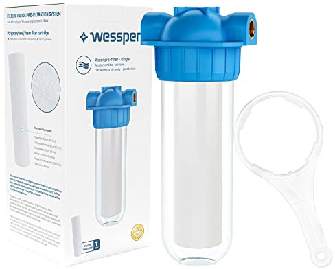 Wessper Préfiltre pour Pompe à eau Domestique avec Support de Fixation et Clé, Filtre à Eau Simple avec Cartouche, Système de Filtration D'eau à 1 étage, Boîtier de filtre à eau – 1’