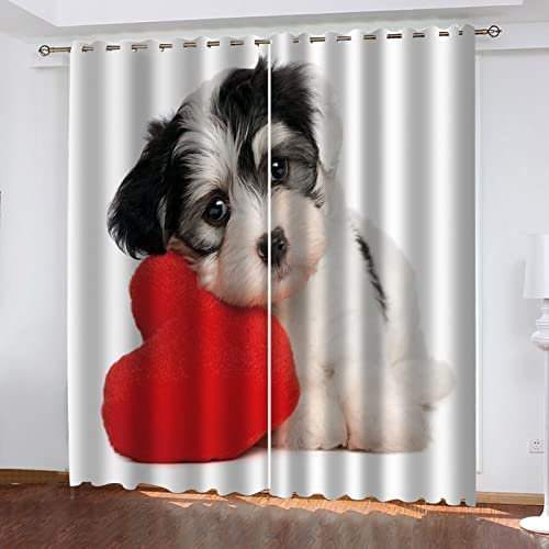 Blickdicht Blackout Vorhang Mit Ösen Schalldämmend Gardinen Polyester 3D Bedruckt Roter Herzförmiger Welpe Für Wohnzimmer Schlafzimmer Kinder Oder Babyzimmer 280(B)X250(H) Cm - Bedruckte Verdunkelung
