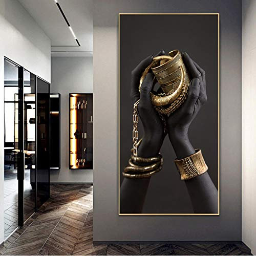 Leinwand-Kunstposter und Drucke mit schwarzen Händen, die Schmuck halten, afrikanische Kunst, Leinwandgemälde, Wandkunst, Bilder für Wohnzimmer, 70 x 140 cm, ohne Rahmen